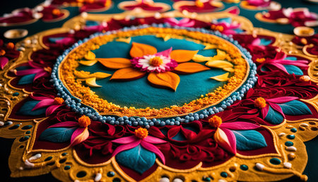 A close-up shot of an intricately crafted floral mandala, showing a vibrant array of colors and intricately details. The mandala's circular pattern, radiating outward from the center, creates a sense of balance and harmony.の写真素材