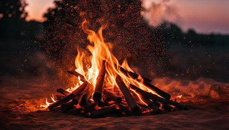 A campfire burns brightly at dusk, casting a warm glow on the surrounding landscape. The flames dance and flicker, illuminating the logs and sending sparks flying into the air.の写真素材