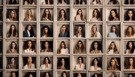 A studio shot of a grid of women's portraits, with a variety of hairstyles and expressions.の写真素材