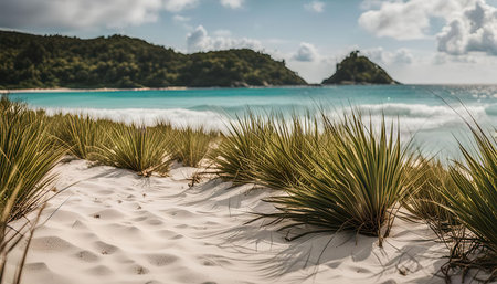 A picturesque view of a tropical beach with lush green grass growing on the white sand. The ocean sparkles in the background, with blue sky and fluffy white clouds overhead. It's a serene and inviting scene, perfect for a relaxing vacation.の写真素材