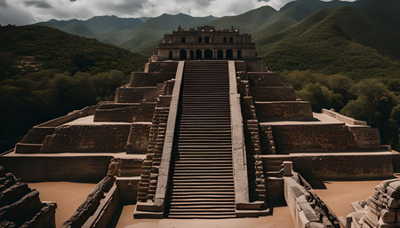 A majestic Mayan pyramid in the jungle, revealing a glimpse into the ancient civilization. The pyramid stands tall, showing its intricate stonework and imposing structure, surrounded by lush greeneryの写真素材