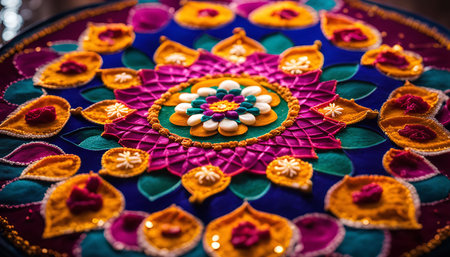 A close-up shot of a vibrant and intricately designed mandala, created with colorful fabric and embellishments. The circular pattern features a central flower surrounded by concentric rings of geometric shapes and floral motifs.の写真素材