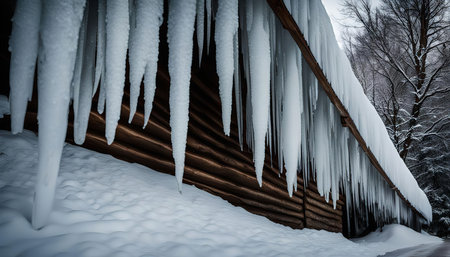 A wooden log cabin with icicles hanging from the roof, covered in snowの写真素材
