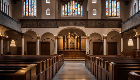 A view of the interior of a church with wooden pews and stained glass windows. The church's vaulted ceiling and ornate decor create a sense of grandeur and awe.の写真素材