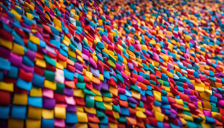 A vibrant abstract pattern made up of colorful geometric shapes, creating a dynamic and visually...