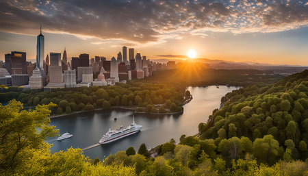 A stunning panoramic view of a city skyline with a cruise ship sailing on a river at sunset. The sun...