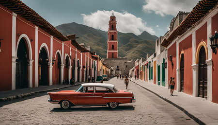 A vintage car parked on a colorful street in Cuba, with a beautiful church tower in the distance.の写真素材