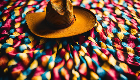A cowboy hat lays on a colorful fabric, the fabric has a repeating geometric pattern. The hat is brown and made of straw.の写真素材