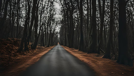 A winding road through a dense forest, the trees forming a tunnel of shadows.の写真素材