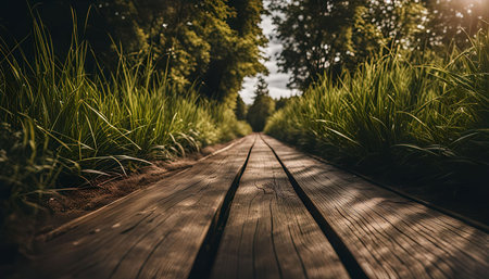 A wooden path winds its way through a lush green forest, inviting you to explore the natural beauty that surrounds it.の写真素材