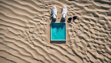A pair of white sneakers, sunglasses, and a blue frame are laid out on a sandy beach, creating a minimalist and stylish scene.の写真素材