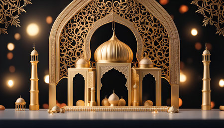 A close-up image of a golden model of a mosque with intricate details. The mosque is illuminated by warm, soft lights against a dark background.の写真素材