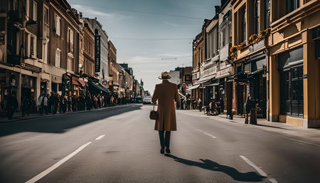 A man in a long coat and a hat walks alone down a city street. The street is lined with shops and buildings, and there are other people in the distance.の写真素材