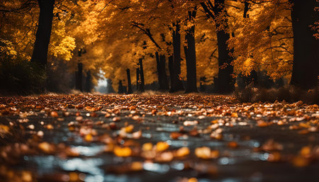 A pathway covered in golden leaves, a tranquil scene in an autumn forest.の写真素材