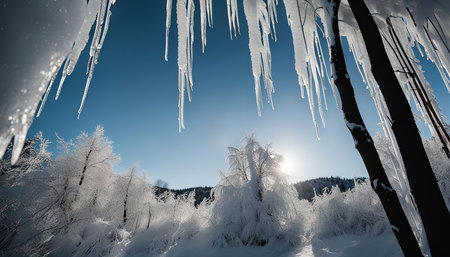 Icicles hanging from tree branches in a snowy winter forest, with a bright blue sky and sunlight in the background.の写真素材