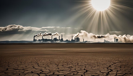 A panoramic view of an industrial landscape with smoke billowing from factory chimneys, under a bright sun, with cracked earth in the foreground.の写真素材