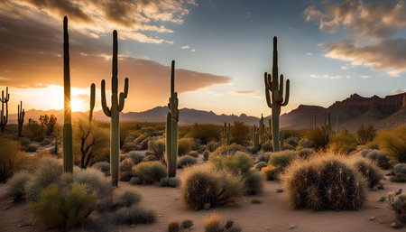 A breathtaking sunset over a desert landscape with a majestic Saguaro cactus in the foreground, showcasing the beauty and serenity of the Western American desert.の写真素材