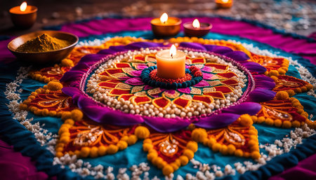 A close-up shot of a colorful mandala with lit candles, celebrating the Hindu festival of Diwali. The intricate details and vibrant colors create a festive and spiritual atmosphere.の写真素材