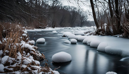 A serene river flows through a snowy winter forest, frozen and still with ice covering the water.の写真素材