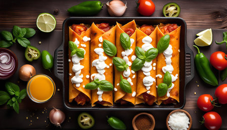 A close-up shot of a delicious plate of Mexican enchiladas garnished with fresh basil leaves. The enchiladas are arranged in a black skillet and are accompanied by various fresh ingredients such as tomatoes, limes, chiles, and onions.の写真素材