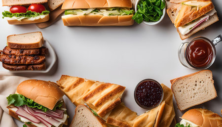 A variety of sandwiches with different fillings, toppings, and bread types arranged on a white table. The image captures the appetizing nature of the sandwiches with their diverse fillings, fresh ingredients, and appetizing presentation.の写真素材