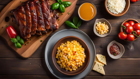 Close-up overhead shot of a delicious barbecue ribs meal with corn on the cob, cheese, tomatoes, and sauceの写真素材