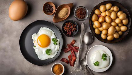 A flat lay photograph of a delicious breakfast meal with fried eggs, boiled potatoes, and various spices, on a gray background.の写真素材