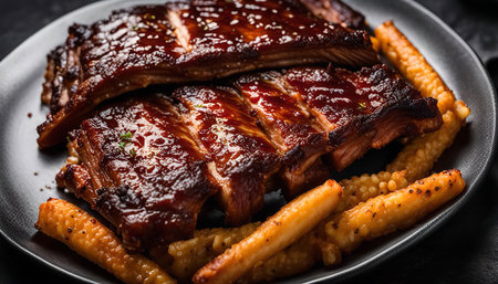 Close up of juicy BBQ ribs with a crispy fried side dish, ready to satisfy your cravings