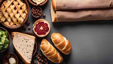 A flatlay of a delicious assortment of food, including sandwiches, pie, and fruit. The food is...