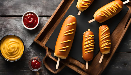 A close-up of five cheesy corn dogs on sticks arranged on a wooden tray with two dipping sauces, ketchup, and mustard. The image is captured from a top-down perspective, showing the vibrant yellow and red colors of the food. The wooden tray adds a rustic touch to the overall image.の写真素材