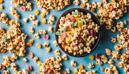 A bowl of colorful popcorn with candy sprinkles. This snack is perfect for a movie night, a party, or just a healthy and delicious treat.の写真素材