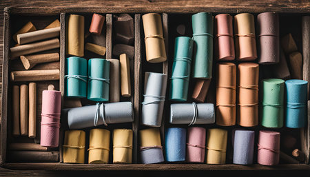 Various pastel sticks, different colors, in a wooden box.の写真素材