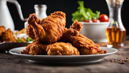 A close up shot of fried chicken pieces on a white plate with golden brown and crispy exterior.の写真素材