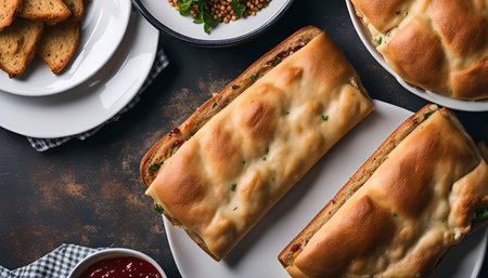 Three golden brown pastries are arranged on white plates. The pastries are flaky and have a sweet...