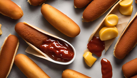 A close-up flat lay shot showing several mini sausages with ketchup and cheese on a white background, suggesting a tasty snack or appetizing appetizer.の写真素材