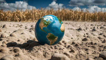 A blue globe resting in a parched desert field, representing the threat of climate change.の写真素材