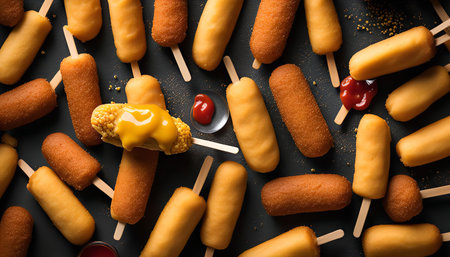 A close-up view of a group of corn dogs with mustard and ketchup, on a black background. The corn dogs are arranged in a random pattern, with some of them having mustard and ketchup on them. The image is taken from a top-down view.の写真素材