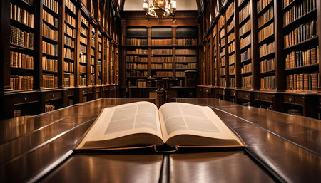 A classic book lies open on a table in a grand library, surrounded by towering bookshelves filled with knowledge. The scene exudes a sense of quiet contemplation and intellectual pursuit.の写真素材