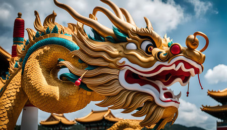 A close-up photograph of a golden dragon statue intricately with details, taken against a backdrop of a blue sky with white clouds.の写真素材