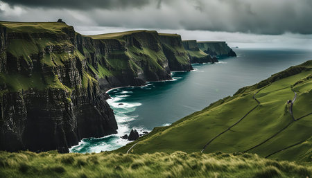 A breathtaking view of the dramatic coastline and cliffs of Ireland. The green hills meet the vast blue ocean, with white waves crashing against the rocky shores. The sky is filled with clouds, adding to the drama of the scene.の写真素材