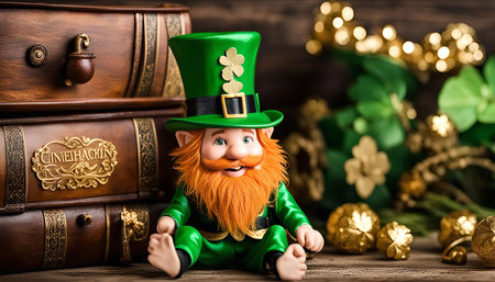 A Leprechaun figurine with a green hat and a red beard sitting on a wooden table with decorations around it.の写真素材