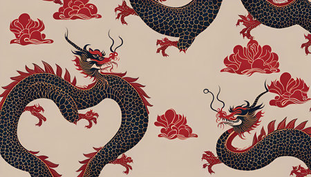 A traditional Chinese dragon pattern with a black and gold dragon on a beige background. The pattern features red clouds and gold details.の写真素材