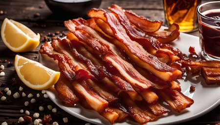 Close-up image of crispy bacon on a white plate, with lemon slices and spices scattered around.