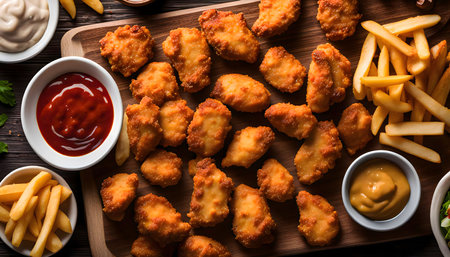 A delicious plate of golden brown chicken nuggets, crispy french fries, and dipping sauces, including ketchup, mustard, and ranch. Perfect for a satisfying meal or snack.の写真素材