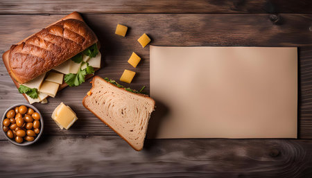 A sandwich with cheese and lettuce on a rustic wooden background. The sandwich is cut in half and there is a small bowl of olives next to it.の写真素材