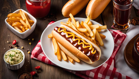 A classic American hot dog with french fries, ketchup and mustard. It's a delicious and satisfying meal.の写真素材