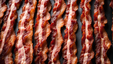 Close up of crispy bacon strips arranged on a black background.の写真素材
