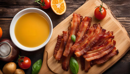 A close-up image of crispy bacon on a wooden cutting board, accompanied by a bowl of orange juice, tomatoes, and basil leaves, all set against a wooden background.の写真素材