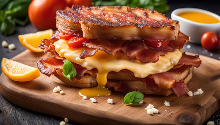 Close up shot of a crispy, juicy bacon and cheese sandwich with melted cheese, tomato and basil.の写真素材