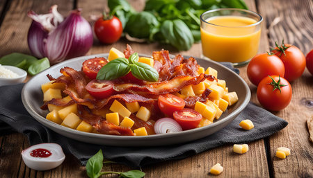 A plate of crispy bacon and cheese with fresh tomatoes, basil, and onion.の写真素材